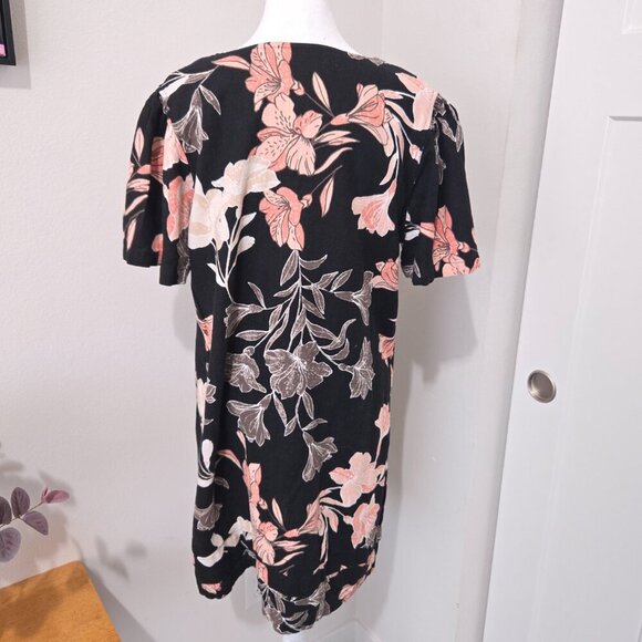Nicole Miller Linen Blend Shift Short Sleeve Black Floral Dress - Large - Picture 6 of 9